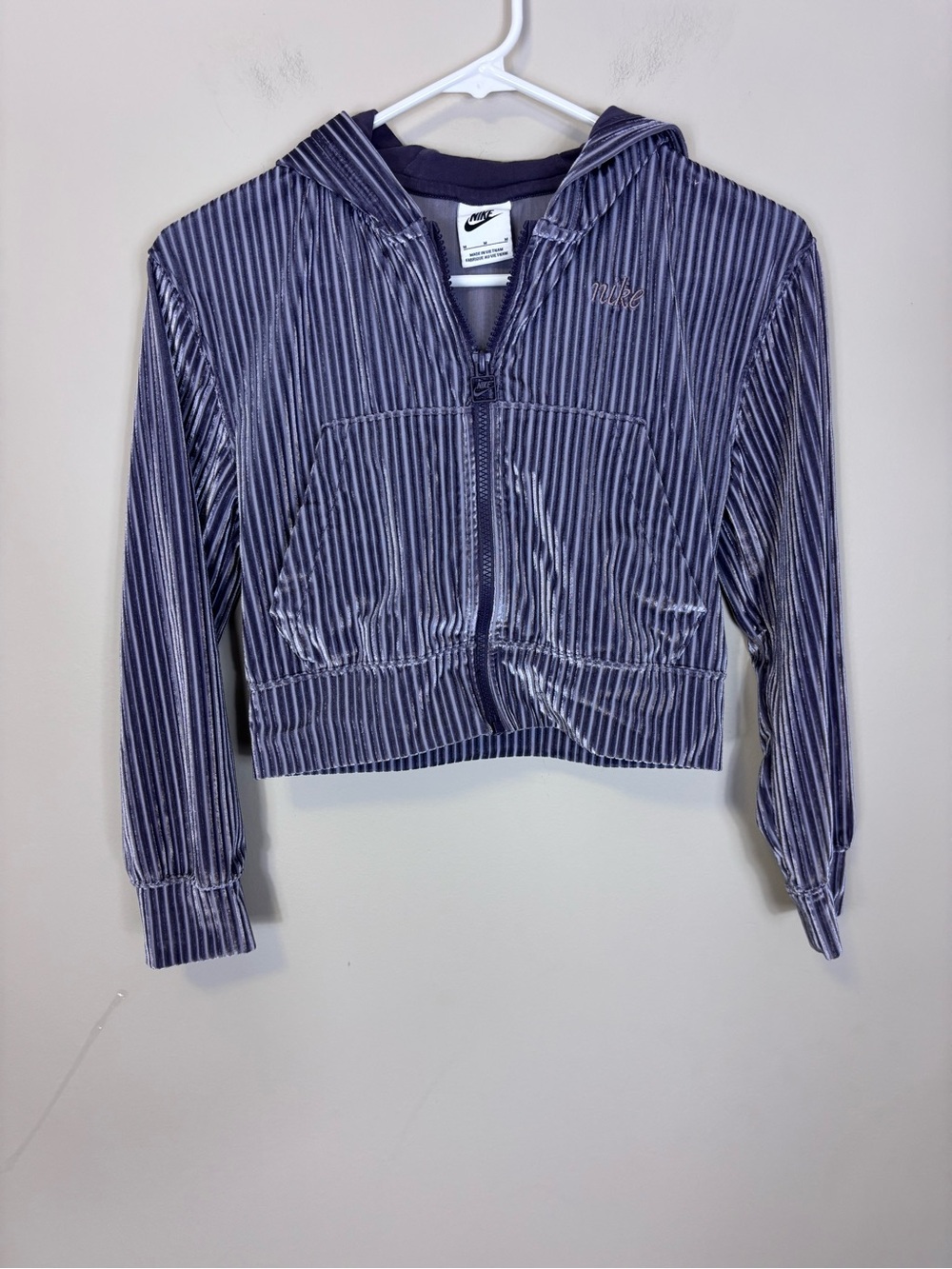 Nike Women's Lavender Striped Velvet Bomber Cropped Hoodie Medium